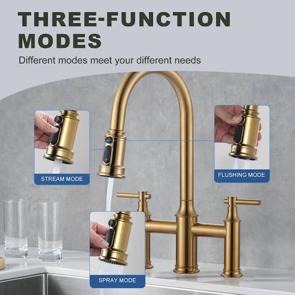 1 or 3 Holes Brass Double Handle Bridge Kitchen Faucet with 3-Mode Pull Down Sprayer and Supply Lines in Gold