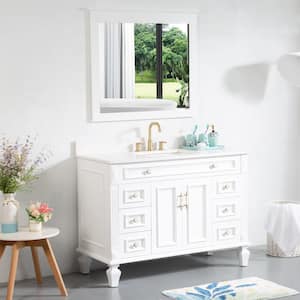 48 in. W x 22 in. D x 35 in. H Single Sink Solid Wood Bath Vanity in White with Stain-Resistant Quartz Top and Mirror