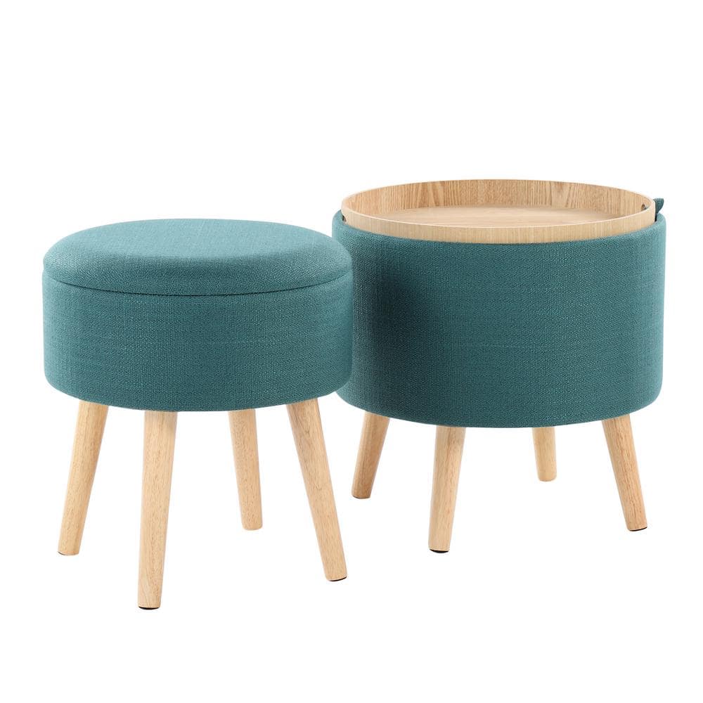 Teal Fabric Ottoman with Natural Wood Tray and Matching Stool