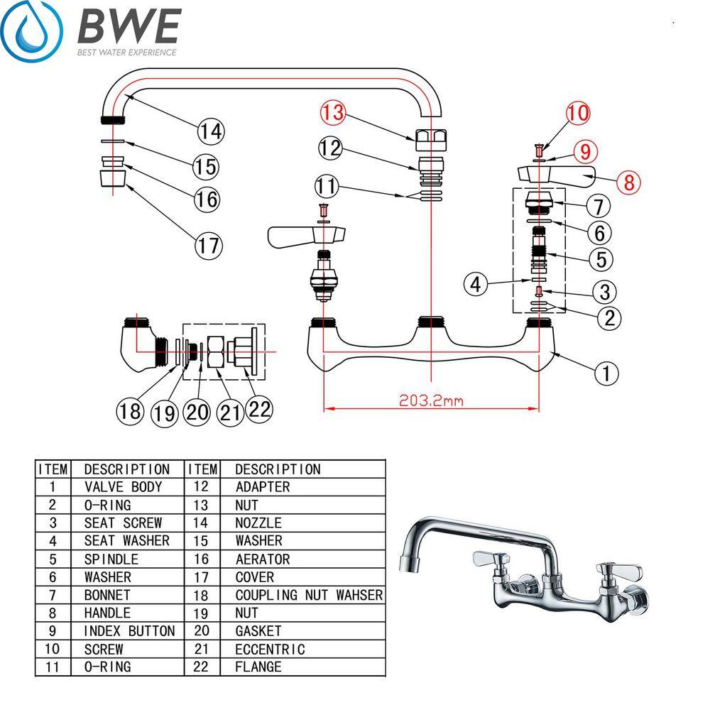 BWE Double Handles Wall Mount Modern Standard Kitchen Faucet With 8 Inch Swivel Spout 8" Center