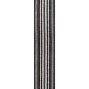 Vichy Geometric Striped Machine-Washable Black/Ivory 2 ft. x 8 ft. Area Rug