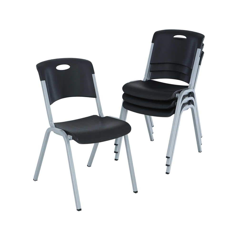 Modern Black and Silver Metal Plastic Utility Chairs, 4 Pack