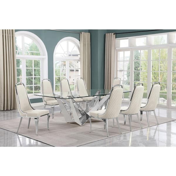 Best Quality Furniture Meryl 9-Piece Rectangular Glass Top Stainless Steel Base Dining Set With 8-Cream Velvet Chrome Iron Legs Chairs
