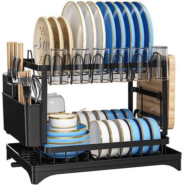 2-Tier Black Multifunctional Dish Rack : Rustproof, space-saving, large-capacity, with drainboard for kitchen counter.