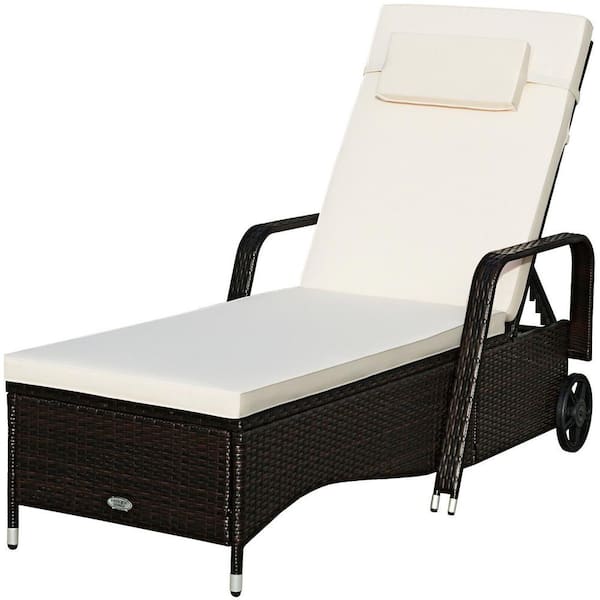 WELLFOR 1-Piece Wicker Outdoor Chaise Lounge with Adjustable Backrest and White Cushion