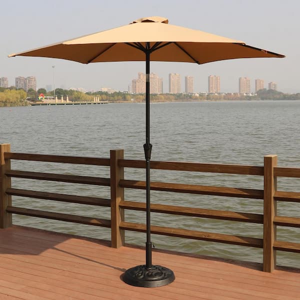 Coporesell 8.9 ft. Taupe Outdoor Market Patio Umbrella with 33 lbs. Round Resin Umbrella Base, Push Button Tilt and Crank Lift