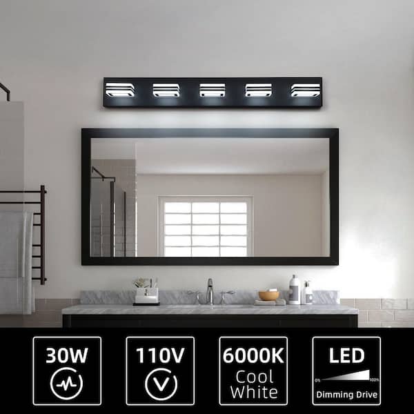 32 in. 5-Light Black LED Vanity-Light Bar with Square Acrylic Lampshades and Modern Wall Mount Design