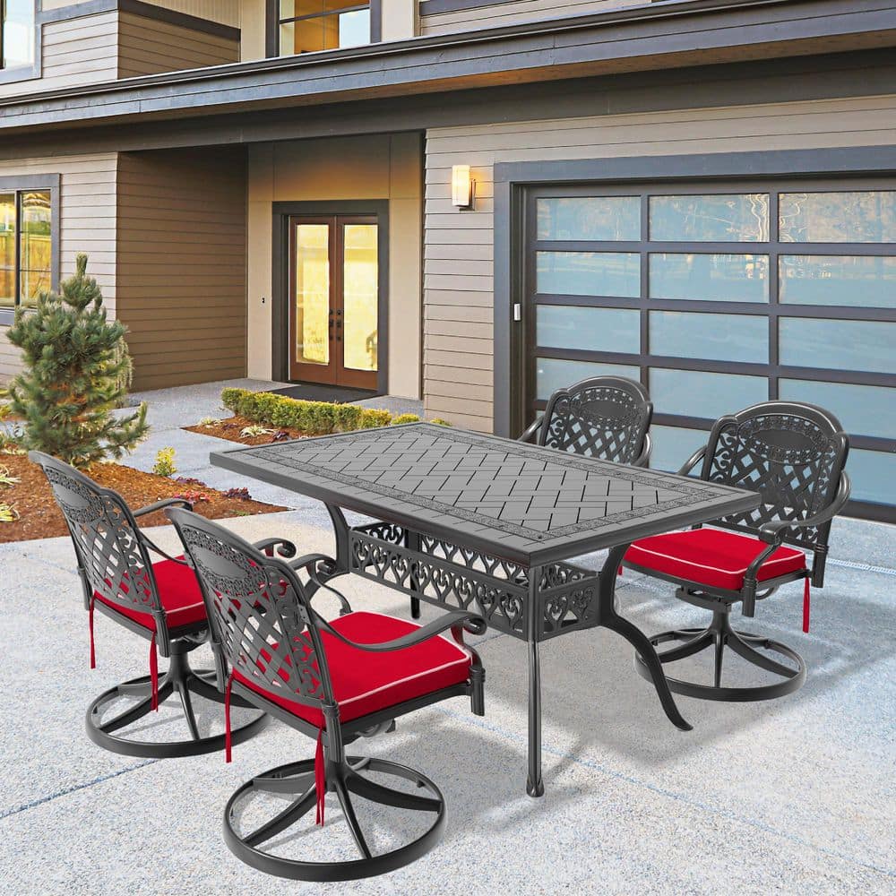 Black 5-Piece Cast Aluminum Rectangular Table Outdoor Dining Set with Swivel Chairs and All-Weather Cushions price history on PriceWatchPro