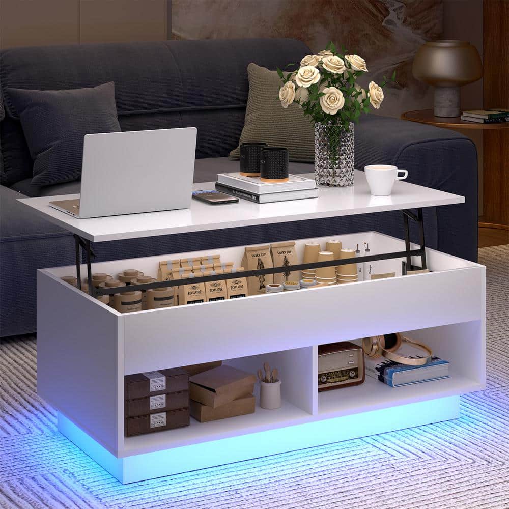 40.16 in. White Rectangle Wood Lift Top Coffee Table with RGB LED Light Hidden Compartment Open Shelves
