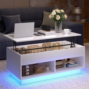 40.16 in. White Rectangle Wood Lift Top Coffee Table with RGB LED Light, Hidden Compartment, Open Shelves