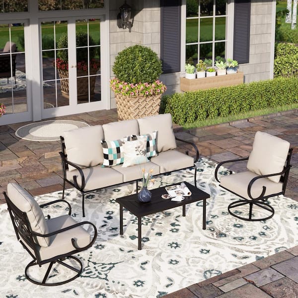 PHI VILLA 5 Seat 4-Piece Black Metal Steel Outdoor Patio Conversation Set with Beige Cushions, 2 Swivel Chairs And Table