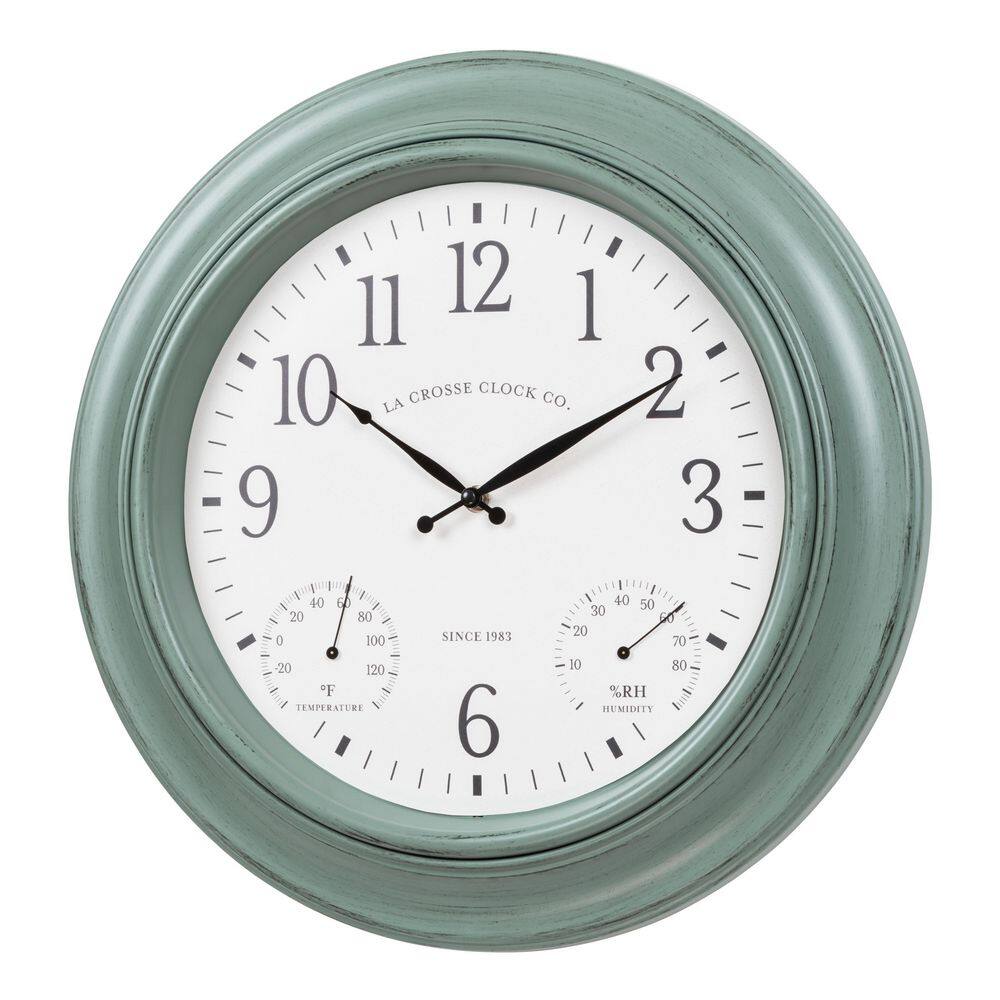 18" Sage Green Analog Quartz Wall Clock with Temperature & Humidity Gauges