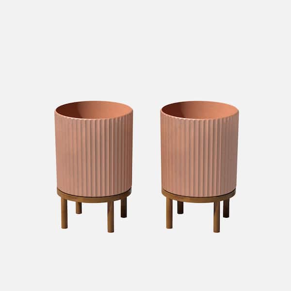Demi 12 in. Raised with Stand Round Terracotta Plastic Planter with Brown Stand (2 Pack)