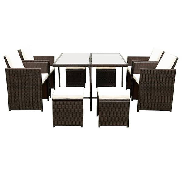 waelph 9-Piece Rattan Patio Conversation Set with Beige Cushions