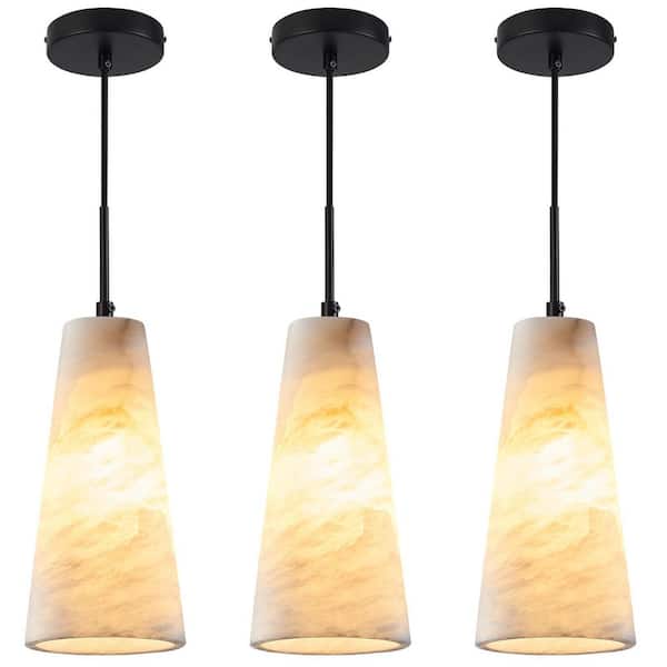 Natural Alabaster 3-light Pendant Lights Kitchen Island White Marble Conical Shade Chandelier Modern Black Ceiling Light