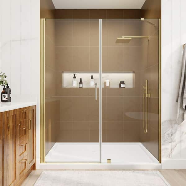 60 in. - 60-5/8 in. W x 72 in. H Hinged Pivot Frameless Shower Door in Brushed Gold with 1/4 in. Clear Tempered Glass