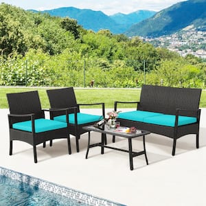 4-Pieces Patio Wicker Furniture Conversation Set with Turquoise Cushions Chairs and Loveseat Coffee Table Garden