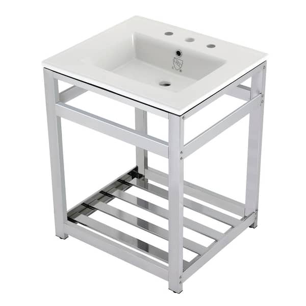 Kingston Brass 25 in. Ceramic Console Sink (8 in. in 3-Hole) with Stainless Steel Base in Chrome