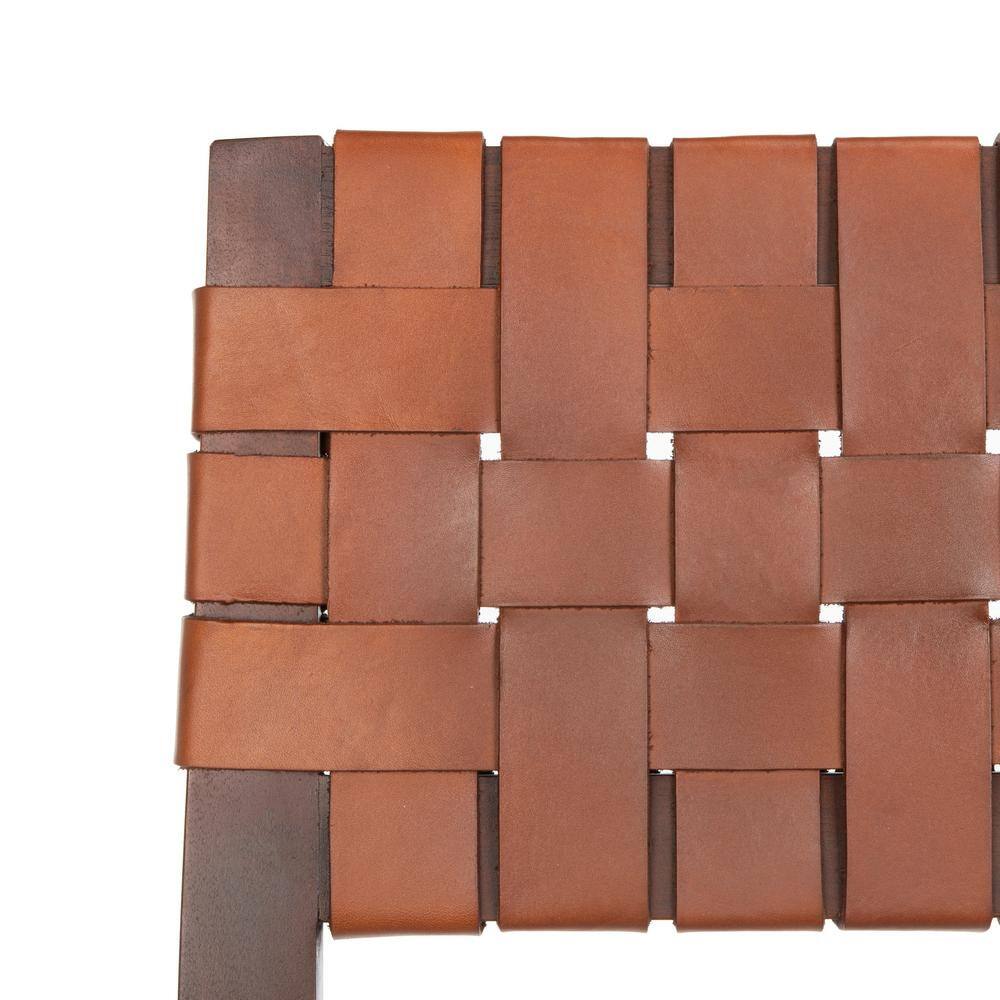 Cognac Woven Leather and Walnut Counter Stool