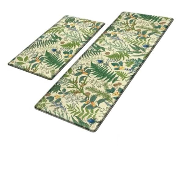 Botanical Series Vintage Beige Green 17.3"x28" & 17.3"x47" PVC Anti-Fatigue Mat Waterproof Kitchen Mat