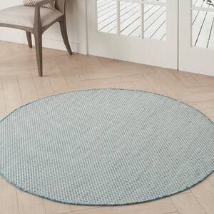 Courtyard Ivory/Aqua 4 ft. x 4 ft. Solid Geometric Contemporary Round Indoor/Outdoor Area Rug