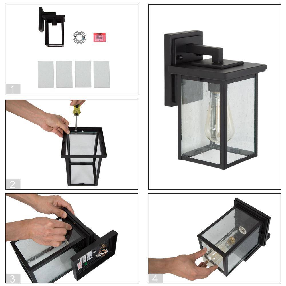Matte Black Outdoor Lantern Sconce with Seeded Glass Shade