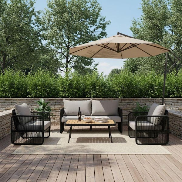 Panorama Black Wicker Patio Conversation Set with Grey Cushions