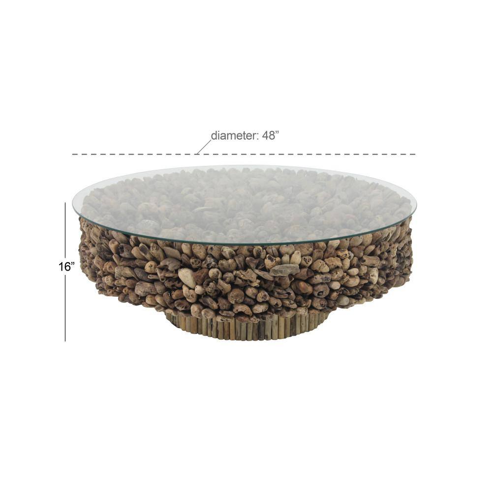 Handcrafted Driftwood Round Coffee Table with Glass Top, 48" Brown