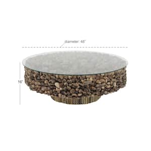 48 in. Brown Medium Round Driftwood Handmade Collage and Pedestal Base Coffee Table with Tempered Glass Top