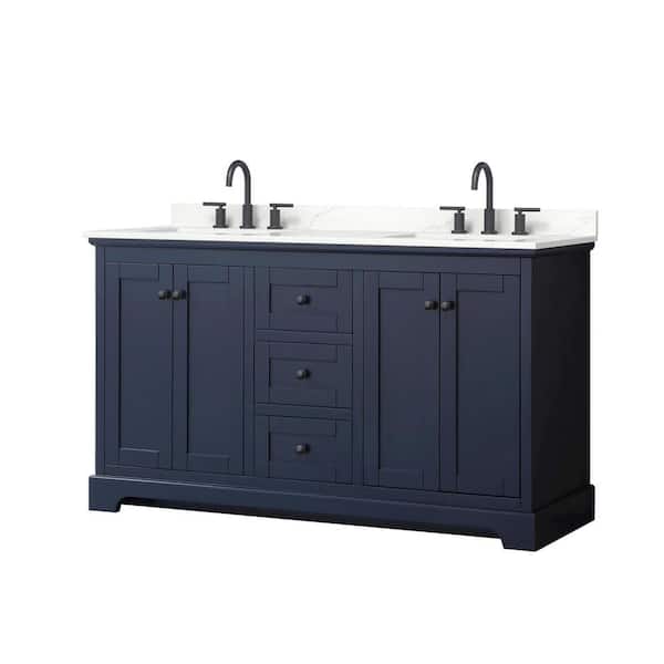 Wyndham Collection Avery 60 in. W x 22 in. D x 35 in. H Double Bath Vanity in Dark Blue with Giotto Quartz Top
