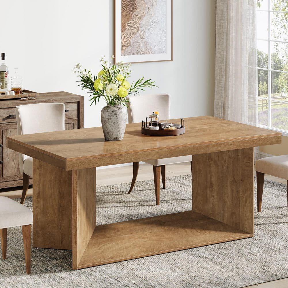 BYBLIGHT Roesler Brown Wood 63 in. Pedestal Dining Table Seats 4-6