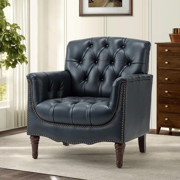 Elijah Traditional Navy Genuine Leather Button-tufted Armchair with Luxury Style and Solid Wood Legs