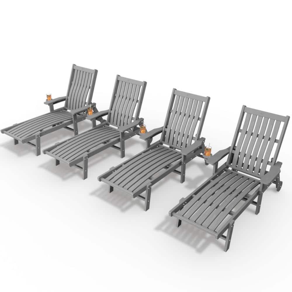 Outdoor HDPE Adjustable Reclining Chaise Lounge Chairs with Wheels and Cup Holders in Gray (Set of 4) price history on PriceWatchPro