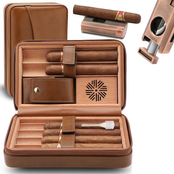 Portable Brown Leather Cedar Wood Cigar Case (Includes Cigar Cutter, Cigar Holder 3 in 1 and Lighter)