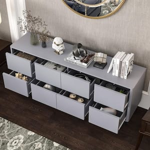 Gray Wood 8-Drawer 63 in. W Dresser Chest of Drawer Sideboard with Pop-up Doors, Glass Finish, Adjustable Metal Feet