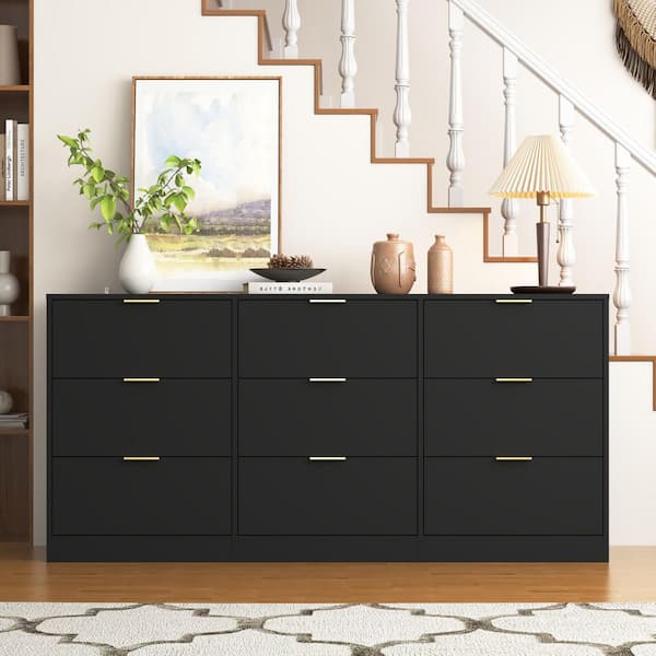 Paulille Black Wood 9-drawer 63 in. W Chest of Drawers, Long Dressers for Living Room