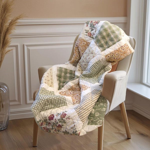 Peach Rose Green and Cream Cotton Throw Blanket