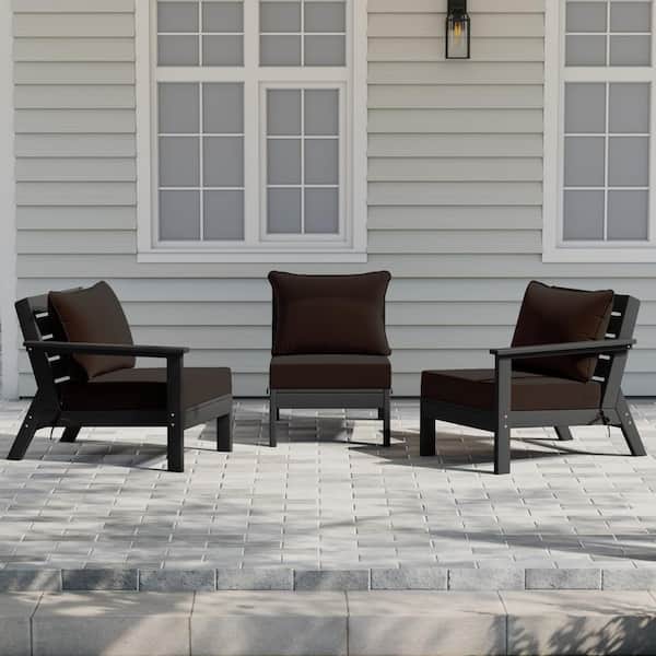 Birchwood Black Arrangeable Outdoor Patio 3-Piece Deep Seating HDPE Sofa Arm Chair Set w/ Brown Cushions