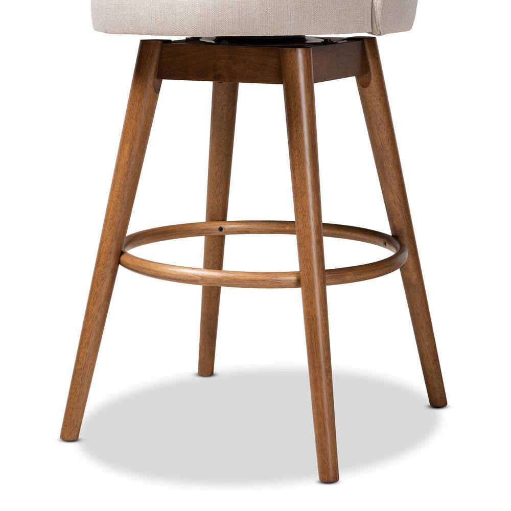 Light Beige Upholstered Walnut Wood Swivel Bar Stools, Set of 2