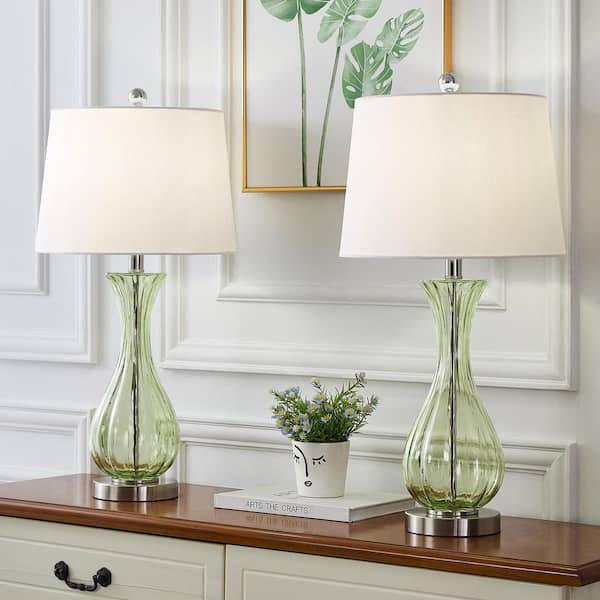 25.5 in. Green/Nickel Coastal Glass Bedroom Living Room Bedside Desk Nightstand Table Lamps (Set of 2)
