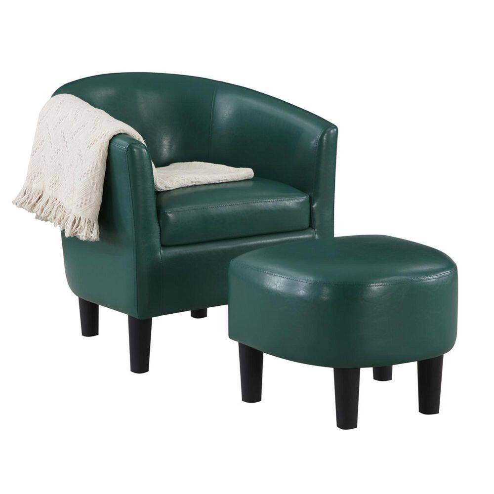 Forest Green Faux Leather Barrel Accent Chair with Ottoman