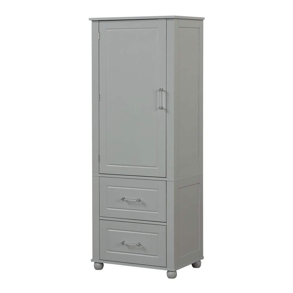 23 in. W x 15.9 in. D x 61.4 in. H Gray Linen Cabinet with 1-Door and 2-Drawers, Adjustable Shelves for Bathroom