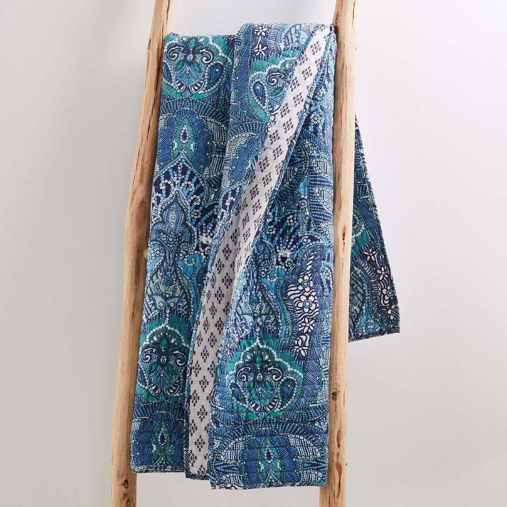 Bellamy Teal and White Reversible Cotton Damask Throw