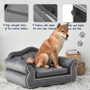 Gray 27 in. Medium Pet Sofa Dog Sofa Dog Bed Cat Sofa Cat Bed Wooden Frame And Velvet with Buttons Beige Rope Lines
