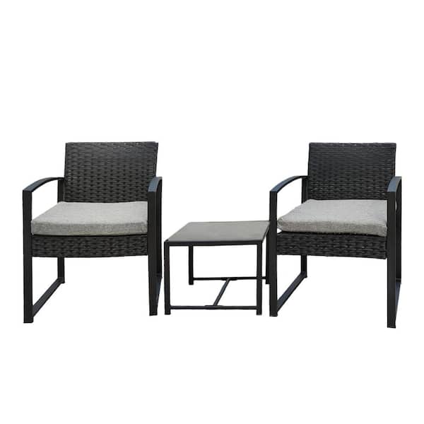 Afoxsos Black 2-Piece Rattan Wicker Outdoor Sectional Sofa Set with Gray Cushion