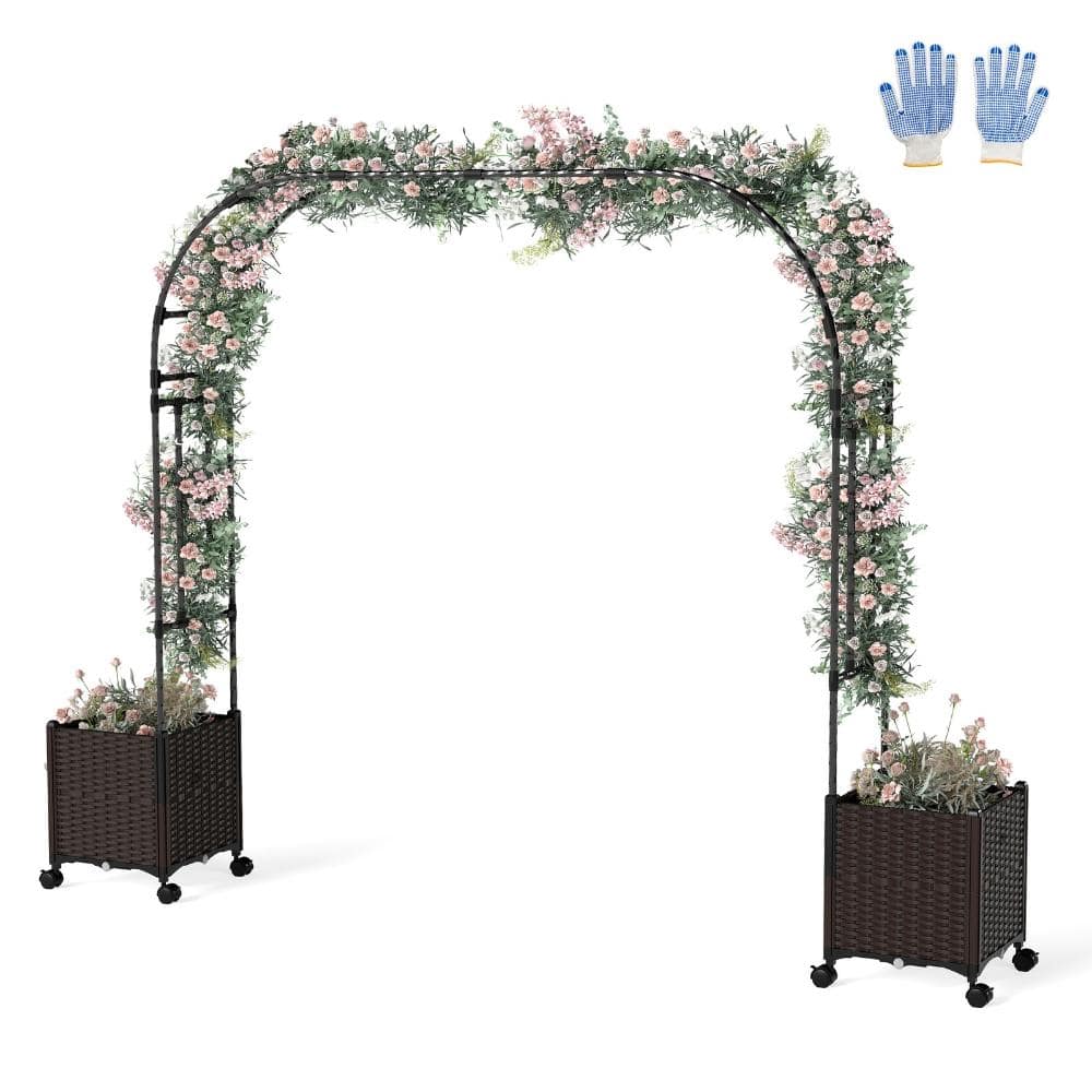 113 in. Black and Brown PE-Coated Metal Garden Arch Trellis with 2 Planter Boxes and Locking Wheels price history on PriceWatchPro
