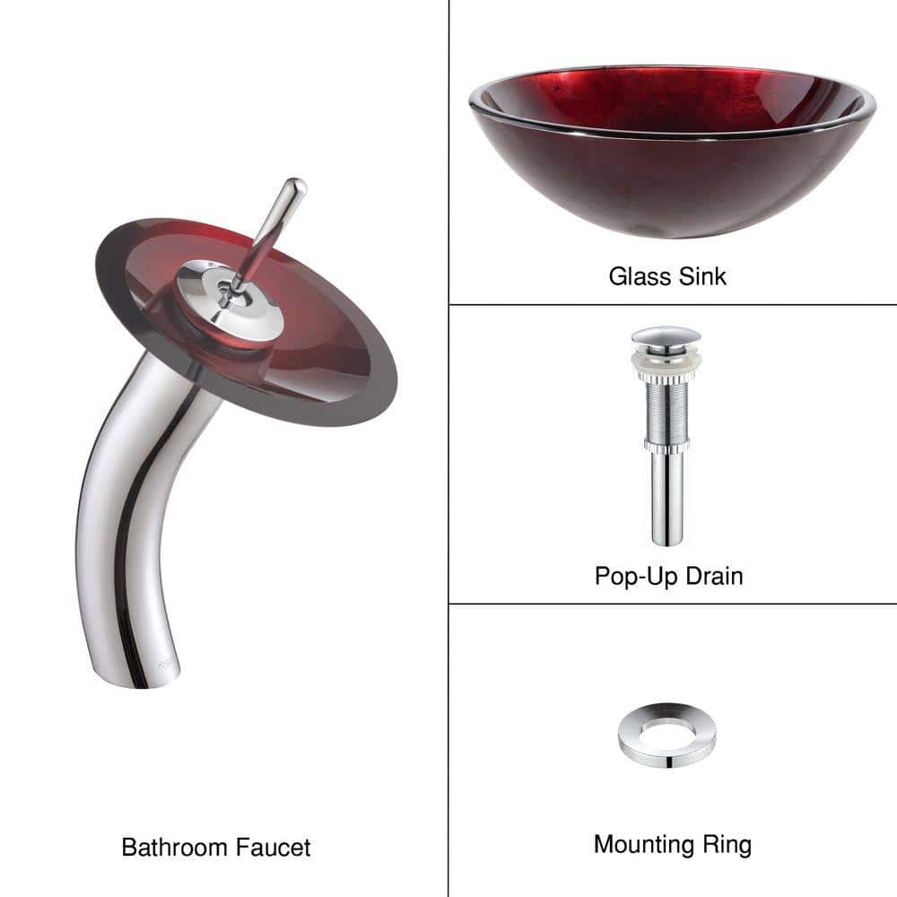 Red Glass Circular Vessel Sink with Chrome Faucet