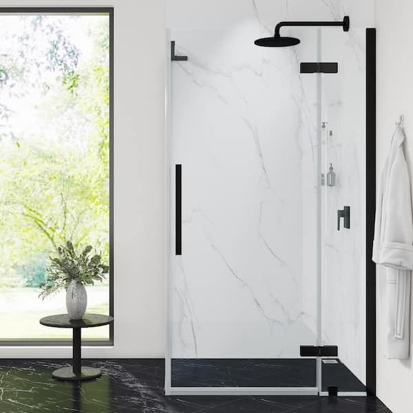 OVE Decors Tampa 36 7/8 in. W x 72 in. H Rectangular Pivot Frameless Corner Shower Enclosure in Black with Shelves