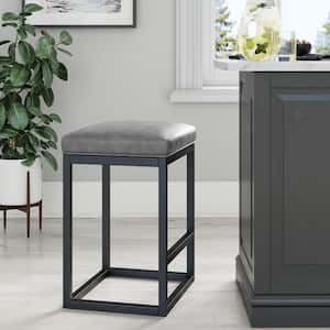 Nelson 24 in. Gray Leather Cushion and Black Stainless Steel Frame Metal Bar Stool