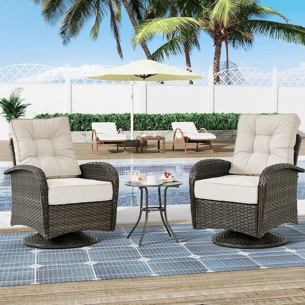 Unbranded 3-Piece Wicker Outdoor Rocking Chair Swivel Chair Patio Conversation Set with Beige Cushions and Table